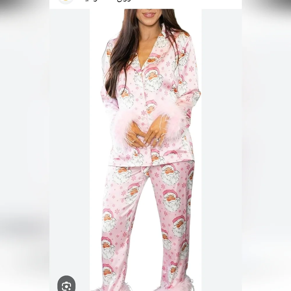 Women's Pink Feather Trim Pajama Set - Picture 3 of 6